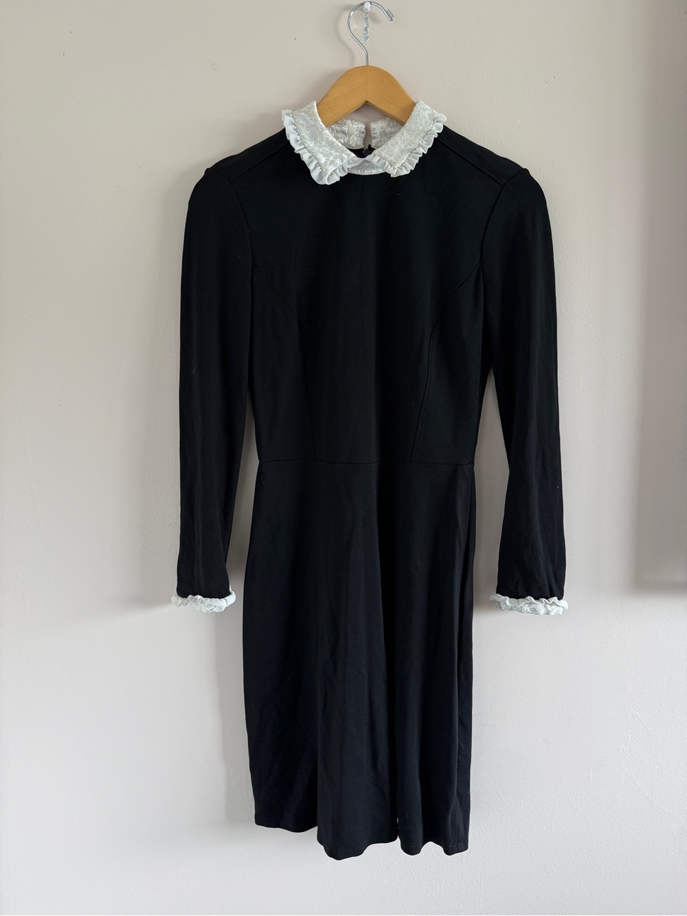 Elegant Black Long-Sleeve Dress with White Ruffle Collar